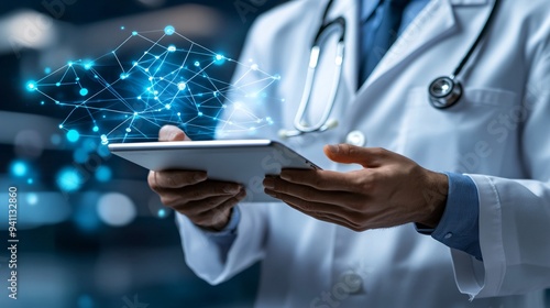 A healthcare professional analyzing patient data with the help of AI software predicting outcomes and suggesting treatments Stock Photo with copy space