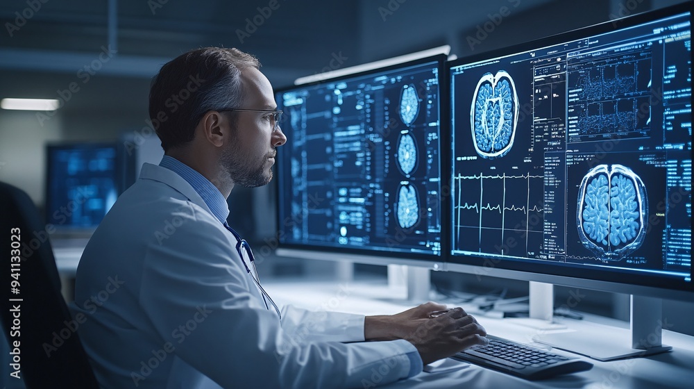 A healthcare professional analyzing patient data with the help of AI software predicting outcomes and suggesting treatments Stock Photo with copy space A healthcare professional analyzing patient data with the help of AI software predicting outcomes and suggesting treatments Stock Photo with copy space