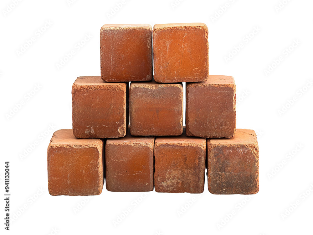 Stacked red bricks, arranged geometrically on white background. PNG transparent. Stacked red bricks, arranged geometrically on white background. PNG transparent.
