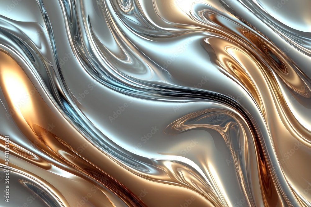 Abstract fluid metallic waves in silver and gold tones Generative AI Abstract fluid metallic waves in silver and gold tones Generative AI