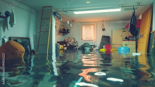 A flooded basement filled with water and floating household items, depicting chaos and displacement.