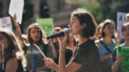 A passionate protester with a microphone, addressing a crowd during an environmental rally, with fellow activists holding signs in the background. photo