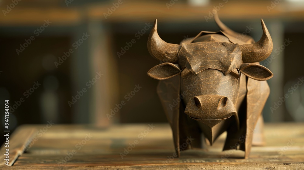 A wooden bull sculpture stands on a rustic wooden table, representing strength and craftsmanship in a minimalistic setting. A wooden bull sculpture stands on a rustic wooden table, representing strength and craftsmanship in a minimalistic setting.