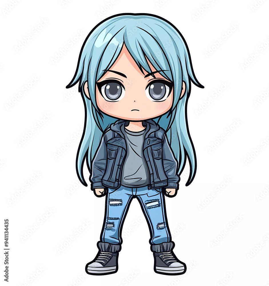 Design an anime-style chibi character with blue hair and gray eyes, wearing trendy like jeans or sneakers, against a simple background. Design an anime-style chibi character with blue hair and gray eyes, wearing trendy like jeans or sneakers, against a simple background.
