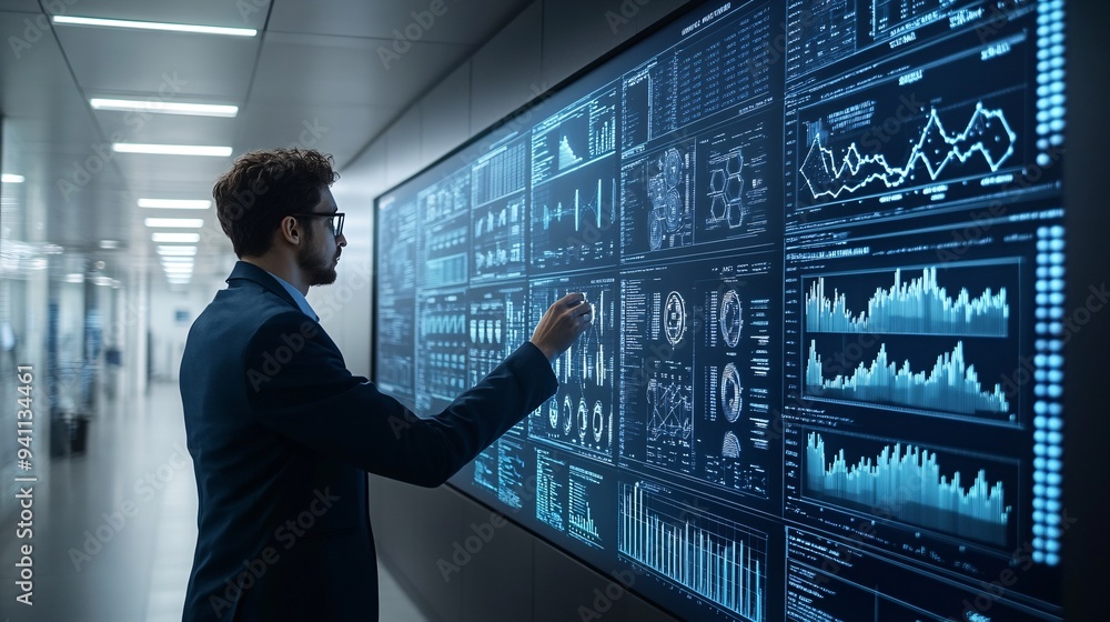Fototapeta premium A researcher analyzing complex data patterns on a holographic display powered by AI Stock Photo with copy space