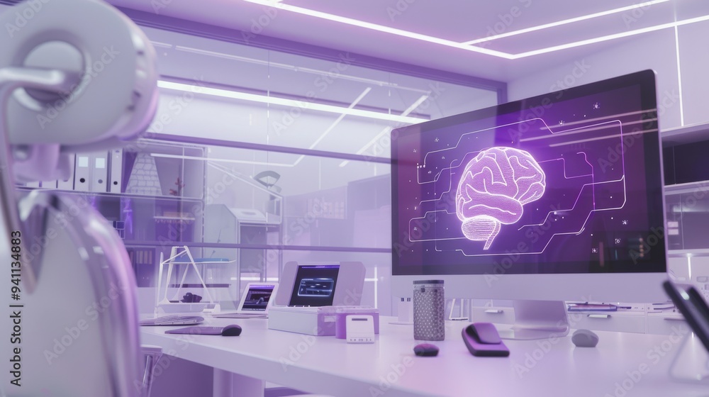 An advanced office with purple lighting features a robot analyzing data on multiple digital screens showing a brain's neural network. An advanced office with purple lighting features a robot analyzing data on multiple digital screens showing a brain's neural network.
