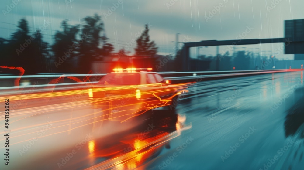A fast-moving emergency vehicle with flashing lights rushes down a rainy highway, its speed accentuated by streaking light trails and wet reflections. A fast-moving emergency vehicle with flashing lights rushes down a rainy highway, its speed accentuated by streaking light trails and wet reflections.