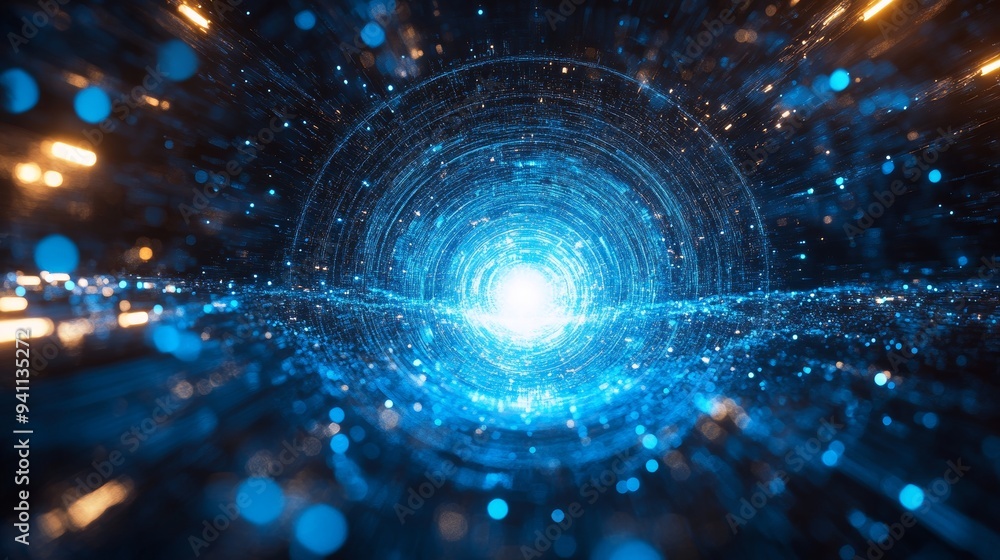Obraz premium Glowing blue vortex tunnel with swirling light patterns and a bright center