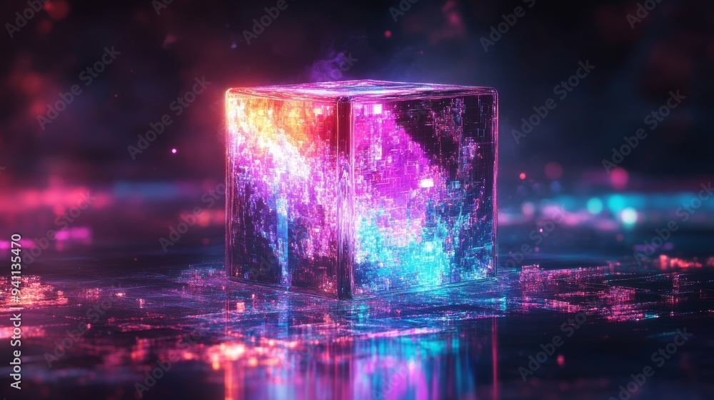 Glowing digital cube with vibrant colors and intricate details in a futuristic cyber environment Glowing digital cube with vibrant colors and intricate details in a futuristic cyber environment