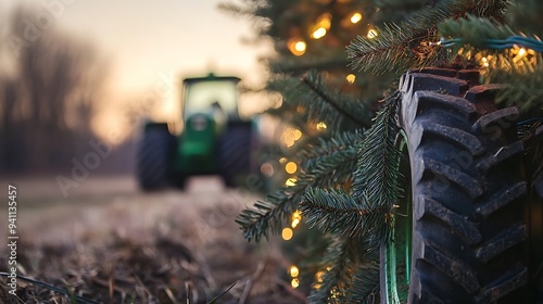 Closeup of a Christmas tree decorated with lights and a tractor in the background.
