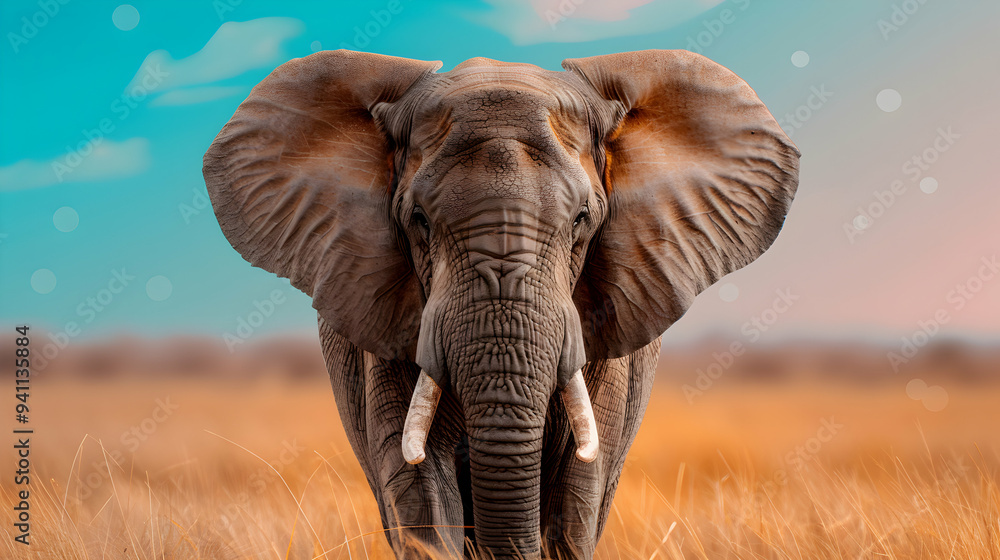 Fototapeta premium Elephant Stands Amidst Sea Tall Grass