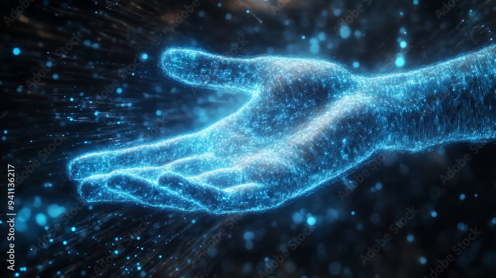 Digital hand made of particles and light, extending in a glowing futuristic environment Digital hand made of particles and light, extending in a glowing futuristic environment