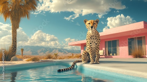 Cheetah sitting by a pool in a surreal desert scene with a modern pink house in the background photo