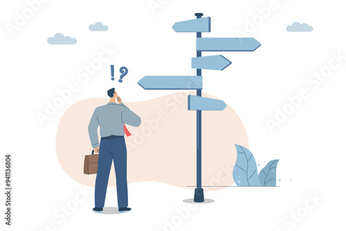 Difficulty in making decisions and finding the right business direction, Confusion with the various directional signs, Using vision to decide the path ahead, Business man are choosing business paths.