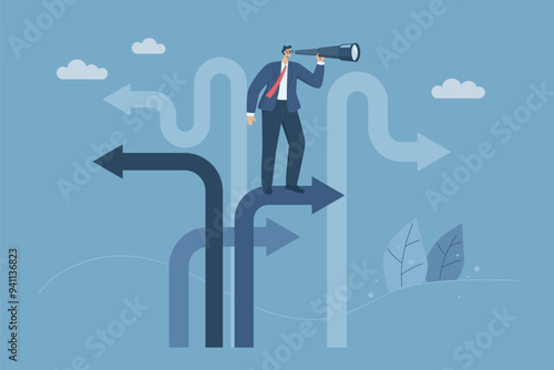 Business decisions or choices, Finding the right direction, Business opportunities or paths to success, Using vision to decide the path ahead, Businessman using binoculars to look at business routes.