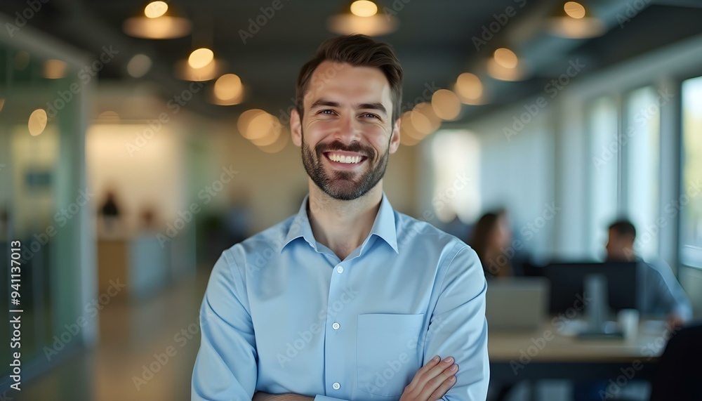 Fototapeta premium A happy bank employee looking at camera while standing in office