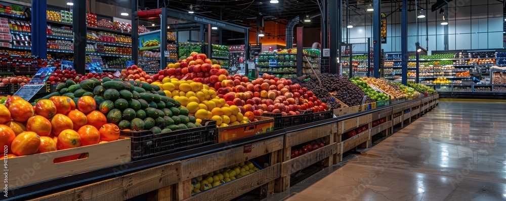 Obraz premium Colorful fresh fruits displayed neatly in grocery store