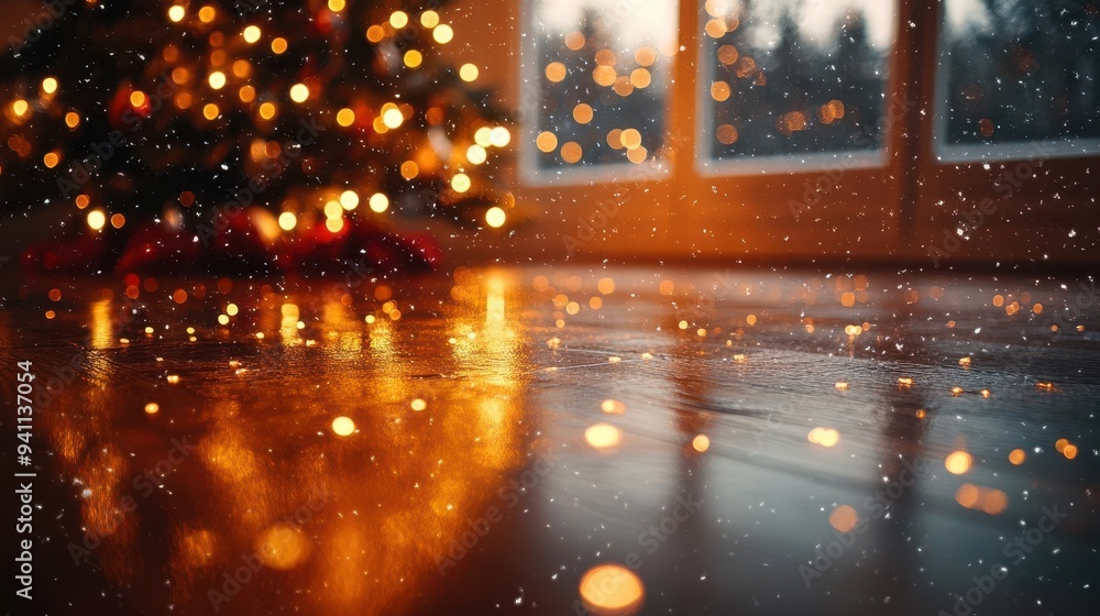 Fototapeta premium cozy living room with twinkling christmas tree lights reflected on polished wooden floor warm inviting atmosphere with soft focus and gentle snowfall outside window