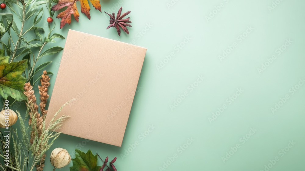 A box with a plant and leaves on top of green background, AI A box with a plant and leaves on top of green background, AI