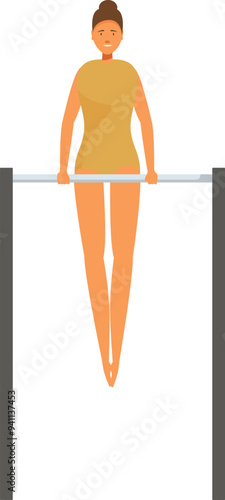 Young woman gymnast in sportswear is training on uneven bars