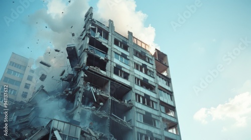 A high-rise building partially collapsed with clouds of dust and debris falling. The gray and somber scene accentuates the extent of the calamity.