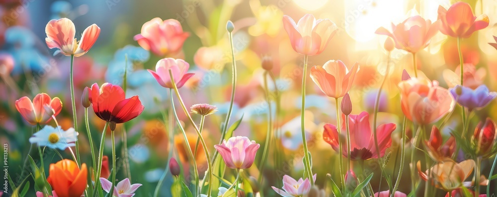 Lush garden full of vibrant wildflowers in sunlight Lush garden full of vibrant wildflowers in sunlight
