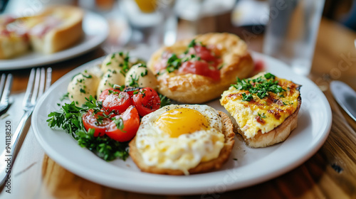 Plate filled with assorted egg dishes, including eggs benedict and a small quiche slice