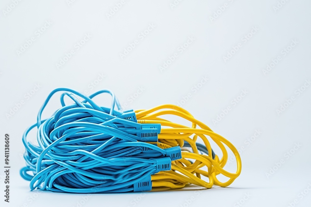 Tangled blue and yellow network cables on a light background, illustrating a messy and disorganized tech setup near networking equipment Tangled blue and yellow network cables on a light background, illustrating a messy and disorganized tech setup near networking equipment
