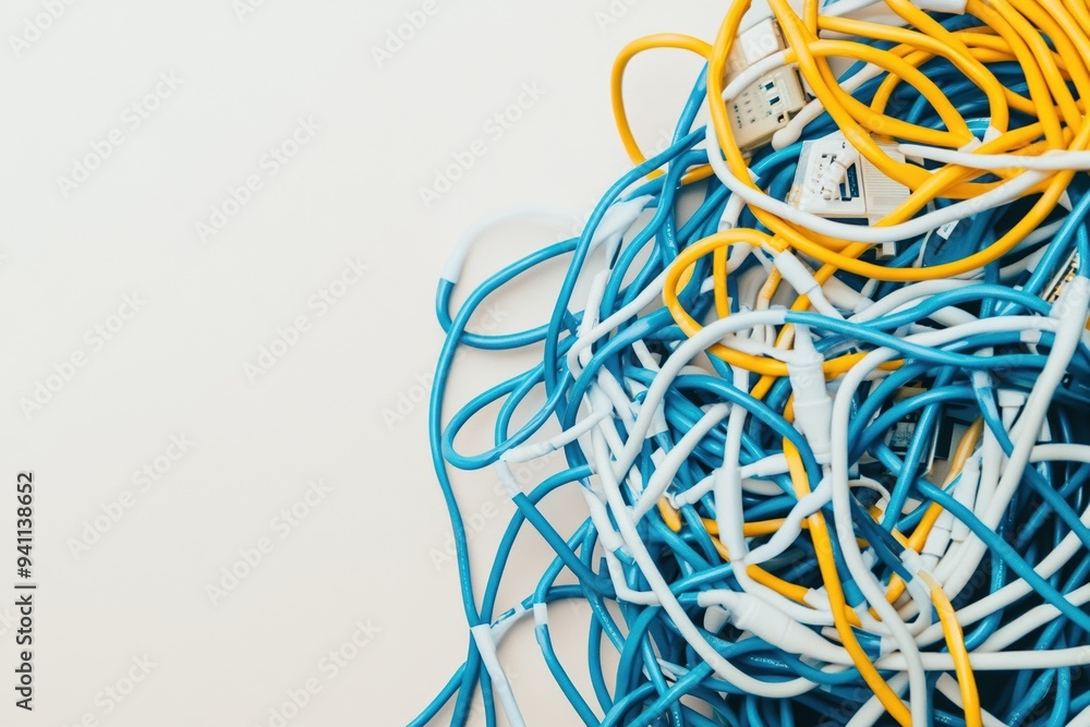Chaotic mix of blue, white, and yellow network cables on a light background, representing an unorganized and cluttered work area near networking devices Chaotic mix of blue, white, and yellow network cables on a light background, representing an unorganized and cluttered work area near networking devices
