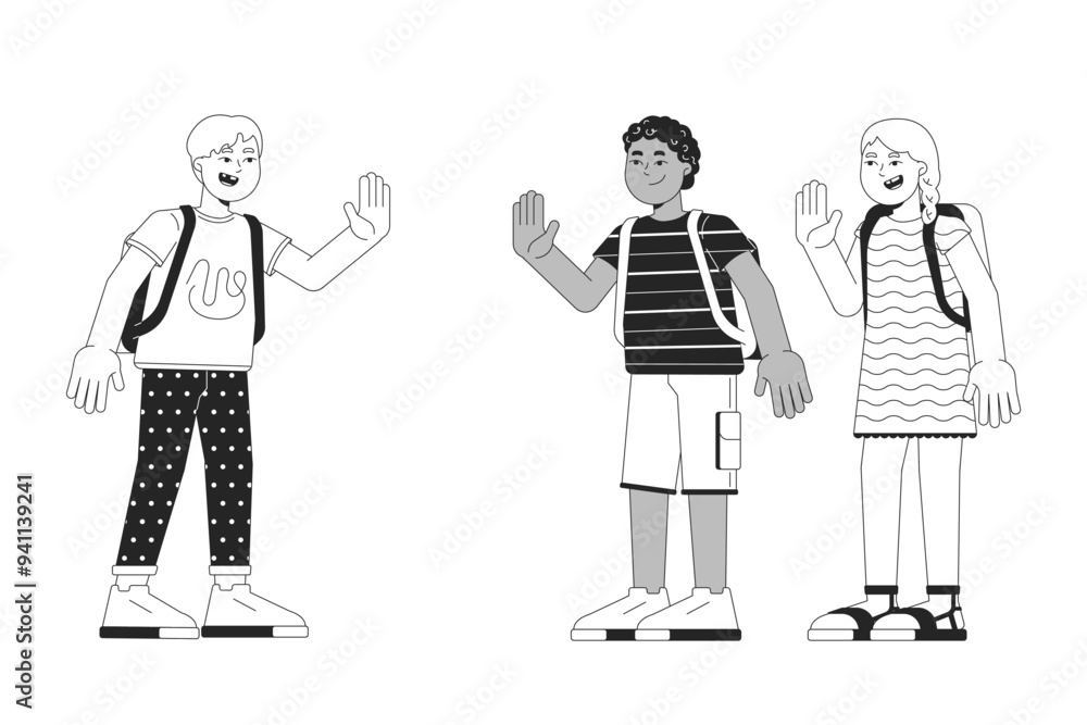 Diverse schoolkids greeting each other black and white 2D line cartoon characters. Schoolboys, schoolgirl. Happy schoolmates isolated vector outline people. Elementary monochromatic spot illustration Diverse schoolkids greeting each other black and white 2D line cartoon characters. Schoolboys, schoolgirl. Happy schoolmates isolated vector outline people. Elementary monochromatic spot illustration