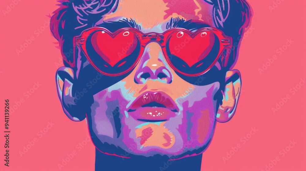 A drawing of a man with glasses with heart shaped glasses, pop art style, flat shading A drawing of a man with glasses with heart shaped glasses, pop art style, flat shading