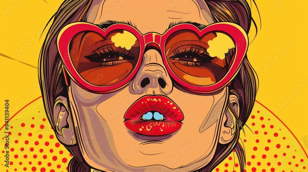 a drawing of a woman with glasses with heart shaped glasses, pop art style, flat shading a drawing of a woman with glasses with heart shaped glasses, pop art style, flat shading