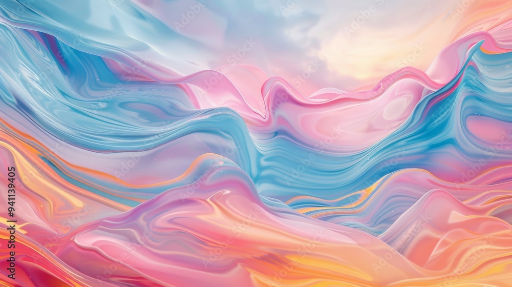 Obraz premium Gentle pastel swirls of pink, blue, and orange create a dreamy, abstract landscape resembling flowing liquid art.