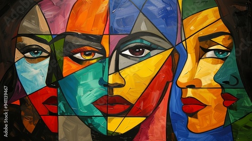 A painting of a woman's face surrounded by other women's faces, geometric abstract art, pop art, cubism