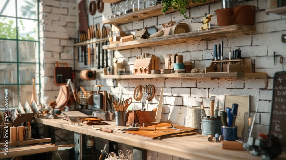 A sunlit artisan workshop brimming with tools and materials, showcasing the organized chaos and charm of creativity and craftsmanship. A sunlit artisan workshop brimming with tools and materials, showcasing the organized chaos and charm of creativity and craftsmanship.