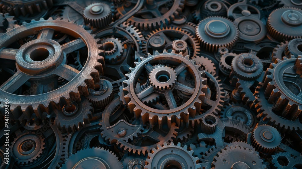 custom made wallpaper toronto digitalA close-up of various metal gears and cogwheels piled together, emphasizing their intricate designs and mechanical textures in a rustic tone.