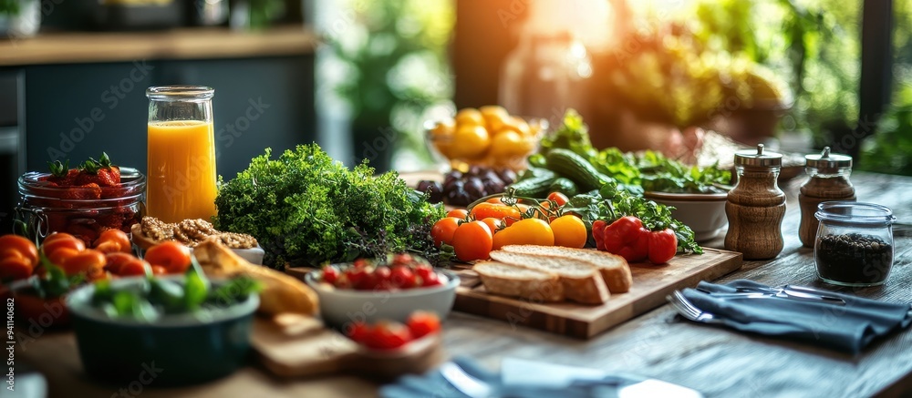Fresh and Vibrant Breakfast Spread with Fruits, Vegetables, and Juice on a Wooden Table in a Sunlit Kitchen Fresh and Vibrant Breakfast Spread with Fruits, Vegetables, and Juice on a Wooden Table in a Sunlit Kitchen