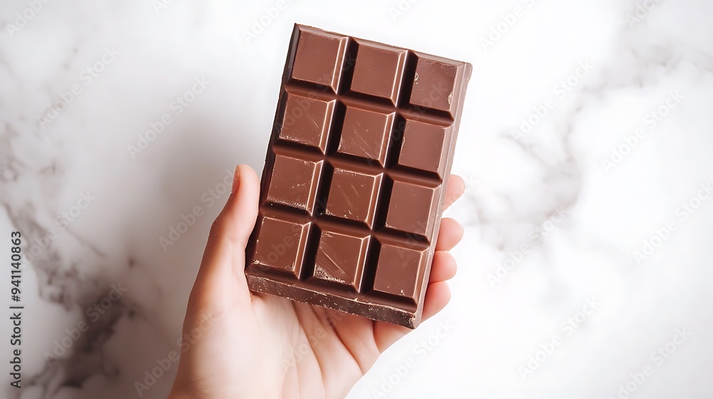Close-up of a hand holding a dark chocolate bar on a white marble background. Close-up of a hand holding a dark chocolate bar on a white marble background.
