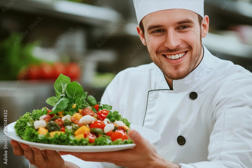 Smiling Chef Presenting a Fresh Salad in an Outdoor Restaurant Setting Symbolizing Freshness Culinary Expertise and the Joy of Healthy Delicious Dining Experiences Smiling Chef Presenting a Fresh Salad in an Outdoor Restaurant Setting Symbolizing Freshness Culinary Expertise and the Joy of Healthy Delicious Dining Experiences