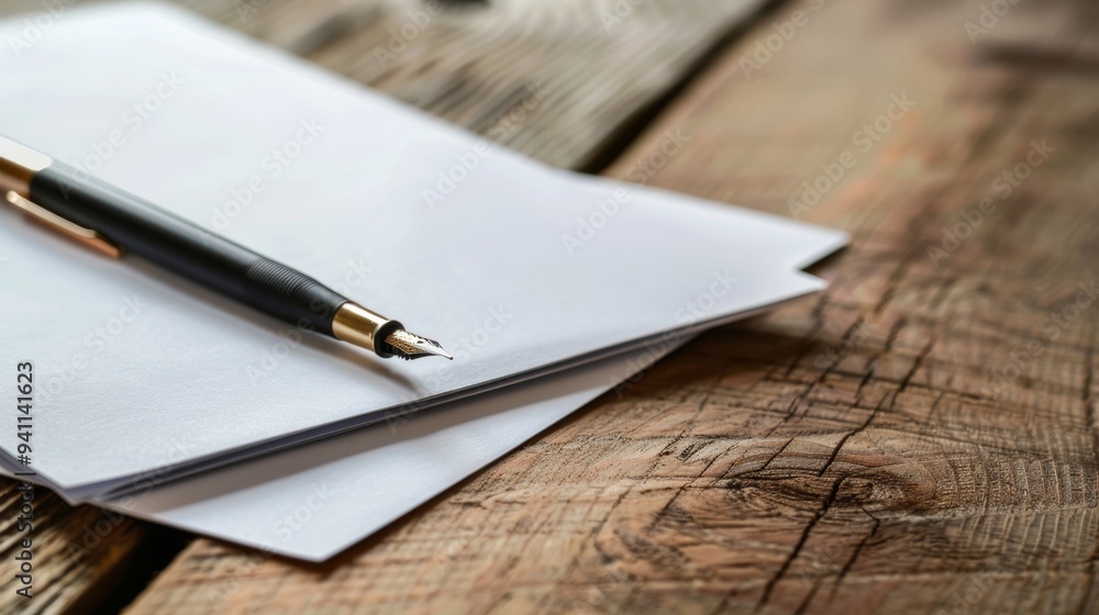 A blank letterhead with a pen resting on it, placed on a textured wooden table, ready for writing a letter or note. A blank letterhead with a pen resting on it, placed on a textured wooden table, ready for writing a letter or note.