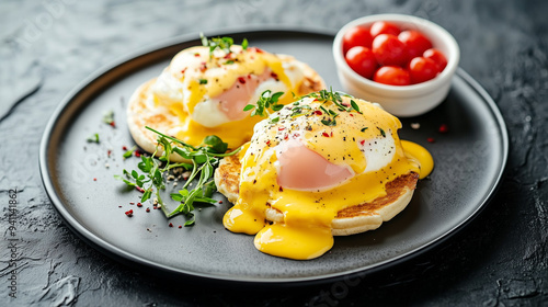 Plate filled with eggs benedict and small container of condiments beside it