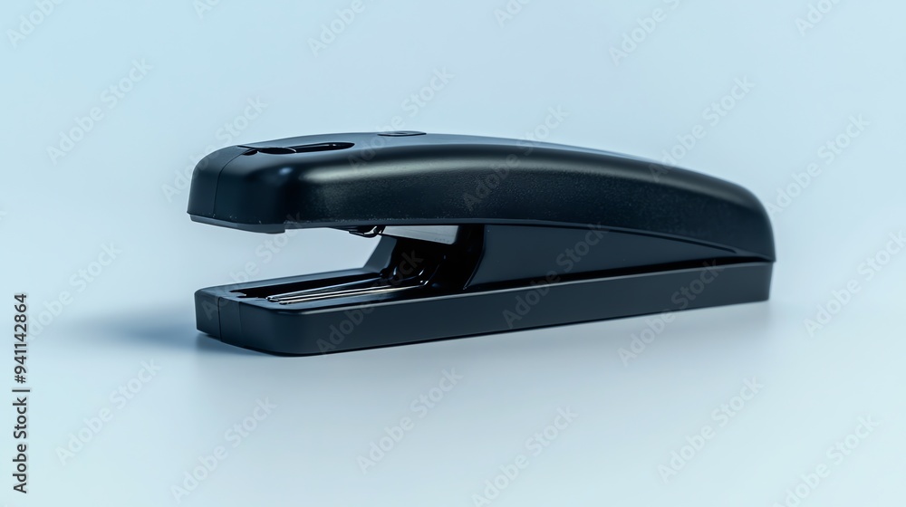 A black stapler on a white background. A black stapler on a white background.