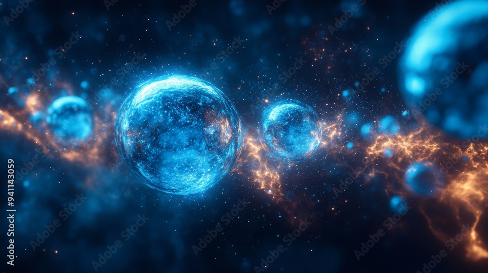 Fototapeta premium Planets and cosmic bodies glowing in deep space with nebulae and starry background
