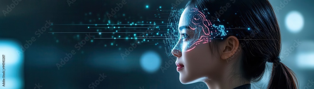 A futuristic woman with digital effects on her face, representing technology and innovation in the modern world. A futuristic woman with digital effects on her face, representing technology and innovation in the modern world.