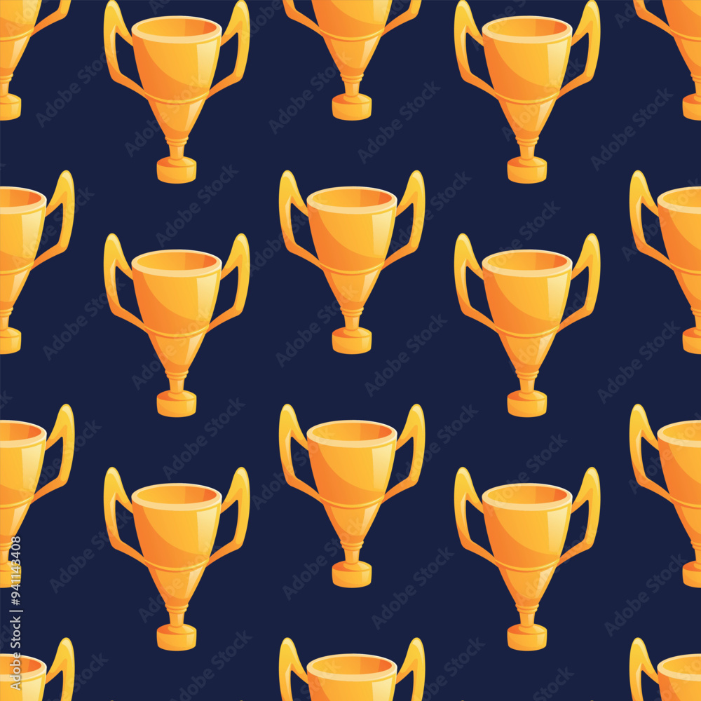 Golden trophy cup of the winner. Competition award, goblet with handles. Vector seamless cartoon pattern illustration. Golden trophy cup of the winner. Competition award, goblet with handles. Vector seamless cartoon pattern illustration.