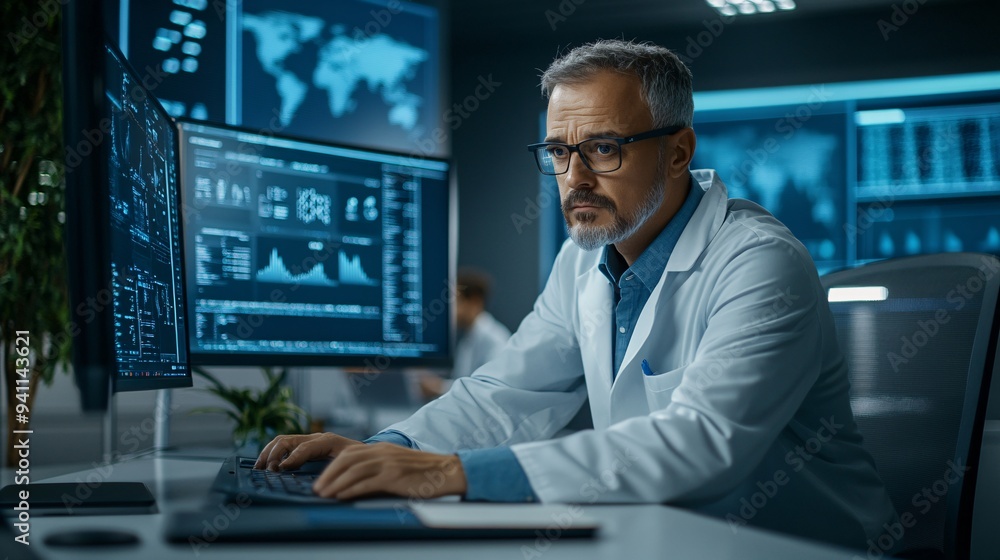 A data scientist in a lab coat interacting with AI-driven simulations of complex biological processes Stock Photo with copy space A data scientist in a lab coat interacting with AI-driven simulations of complex biological processes Stock Photo with copy space