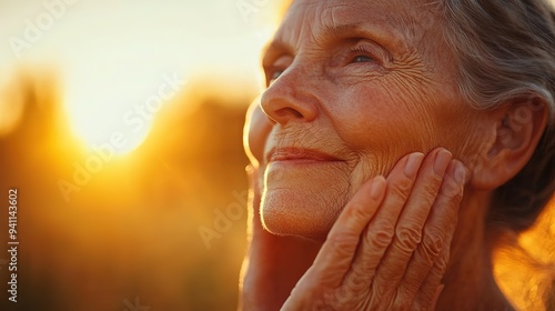 Elegant elderly woman applying skincare in the warm sunlight, a moment of daily self-care and beauty ritual. Aging gracefully with skincare essentials.