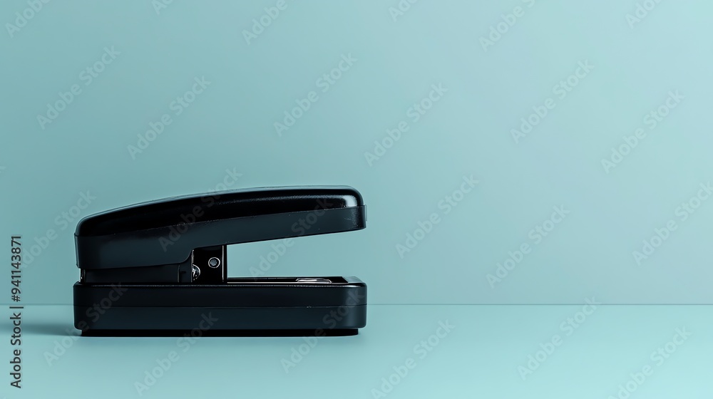 A black stapler on a blue background. A black stapler on a blue background.