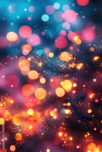 Festive Holiday Background with Colorful Bokeh Lights and Pine Branches for Seasonal Celebrations