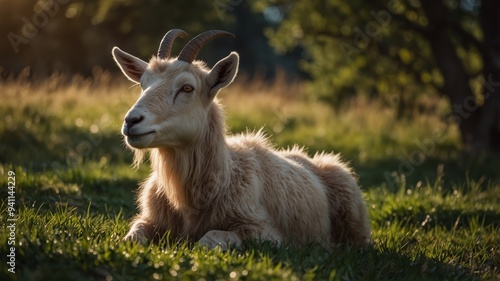 wild goat laying in a grassy field in the morning sun. photo